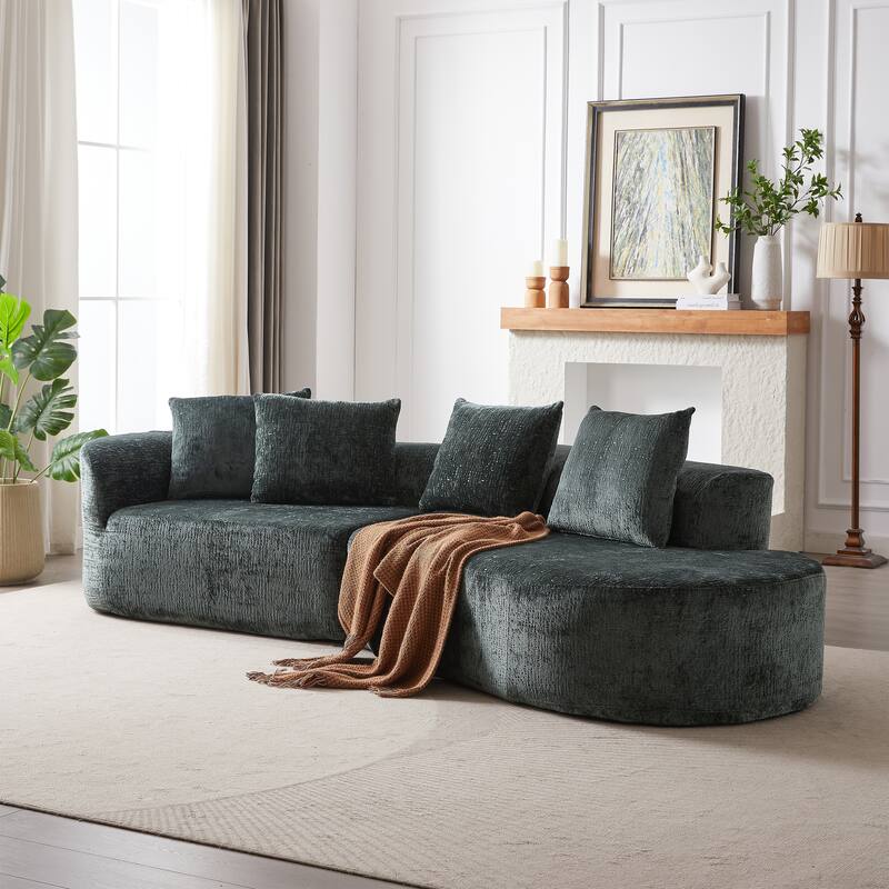 Modern Chenille Sectional Sofa with Deep Seating and 4 Throw Pillows for Living Room and Guest Room, No Assembly - Green