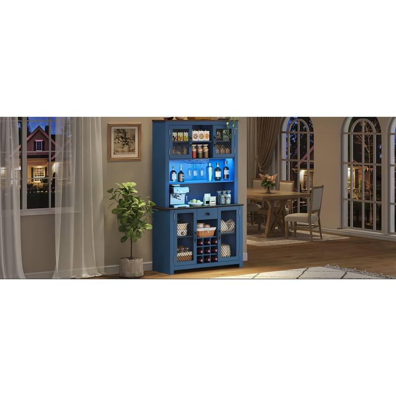 Kitchen Pantry Cabinet with LED Light, Built-in Power & USB Outlets, Kitchen Hutch Cabinet with Doors, Wine Rack & Shelves