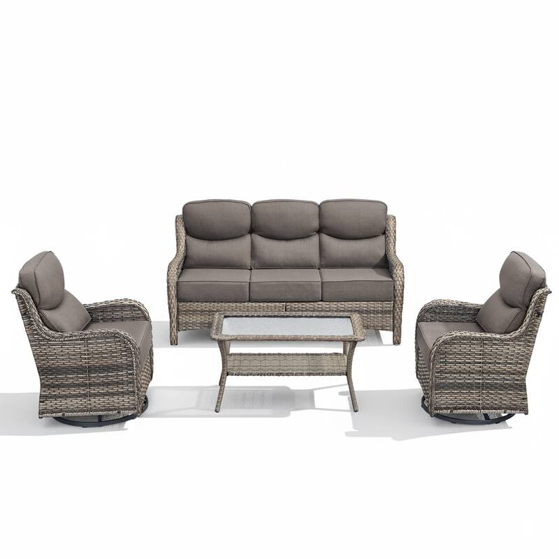 Arcadia 4-Piece Wicker Patio Conversation Set with Swivel Gliders and 6-Inch Thick Olefin Cushions