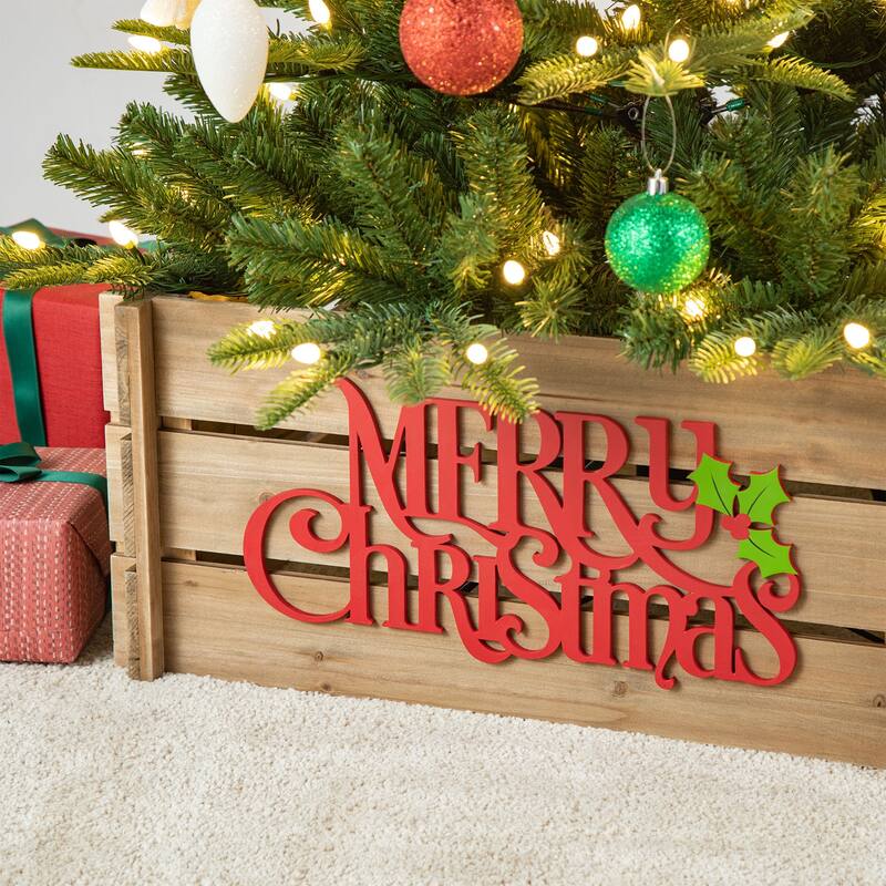 Glitzhome MERRY CHRISTMAS Solid Wood Crate Xmas Tree Collar
