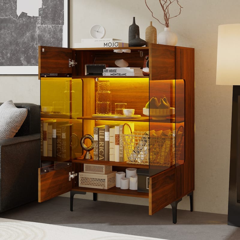 Walnut Glass Bookcase Bookshefl w/Cabinet Storage LED Display Shelves Bathroom or Living Room - 31.5"x45.3"
