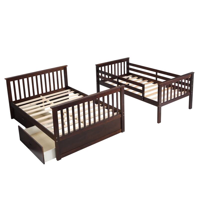 Twin Over Full Bunk Bed with Storage Drawers, Wooden Bunk Bed with Ladder and Safety Guard Rails -Espresso
