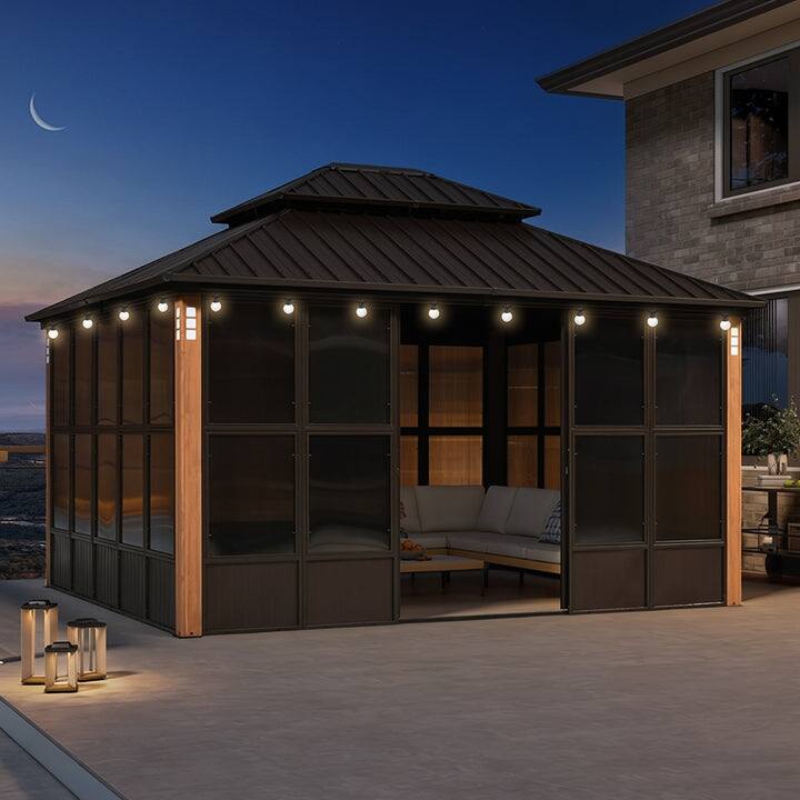 PURPLE LEAF Double Top Outdoor Sunroom All-Weather Screen House Patio Hardtop Gazebo - 12' x 14' - Bronze(With Ligths)