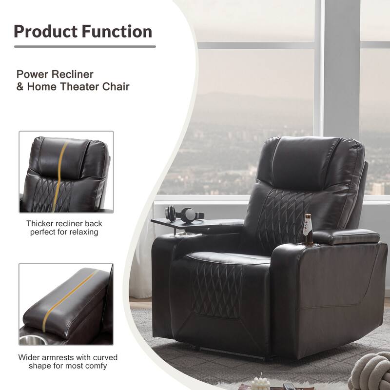 Electric Power Recliner with USB Charging, 360° Swivel Tray, Dual Cup Holders and Arm Storage