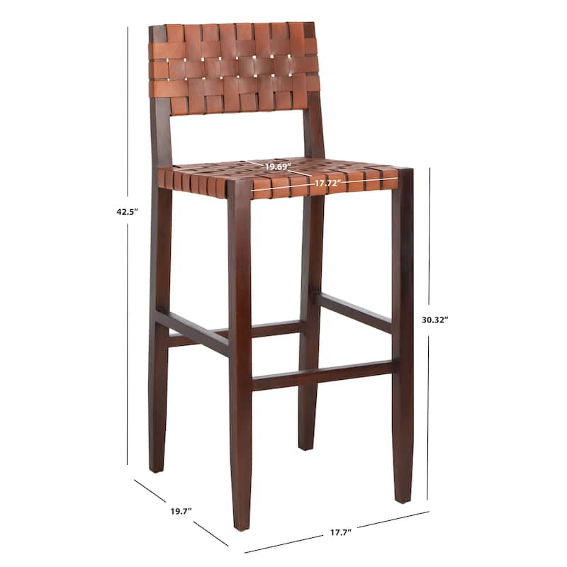SAFAVIEH Euna 30.32 Inch Woven Leather Bar Stool - Cognac - 18" x 20" x 38" - 18Wx20Dx43H