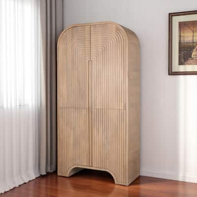 HomeRoots 72" Natural Solid Wood Textured Door Arched Cabinet With Four Doors