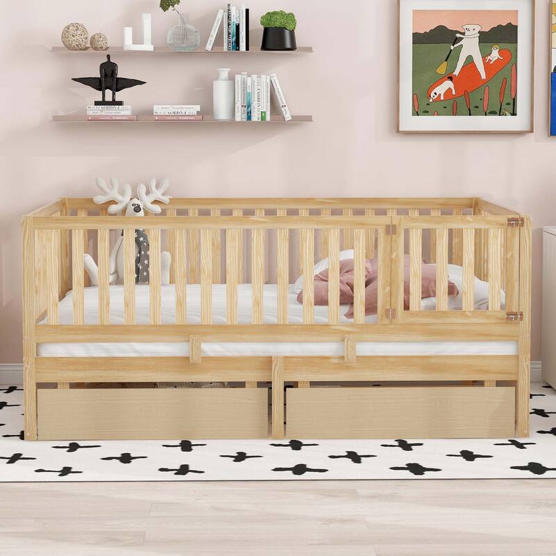 Full Size Wood Daybed with Fence Guardrails and 2 Drawers - Natural