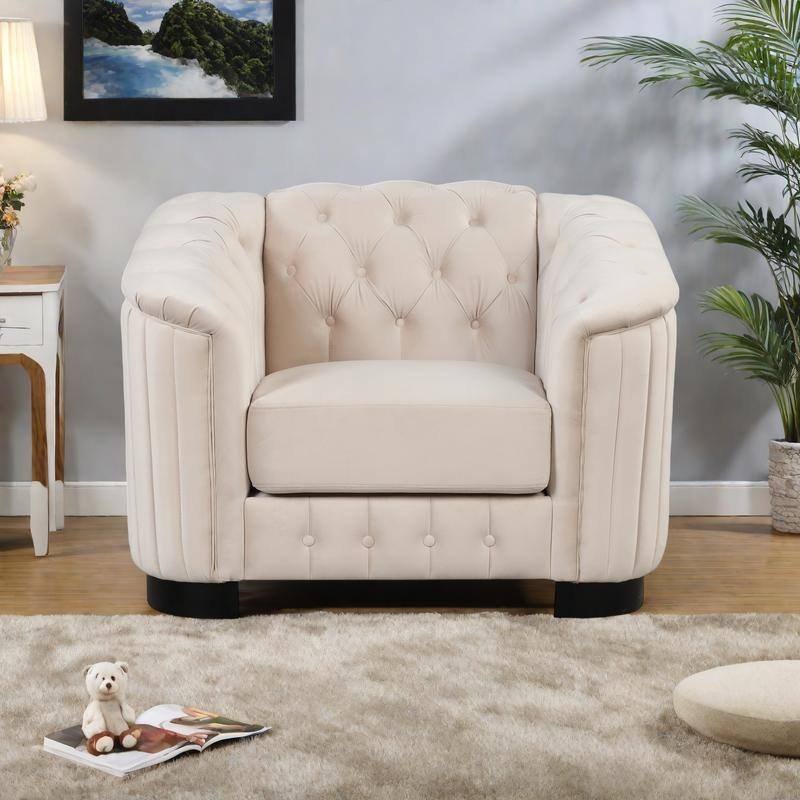 Velvet Modern Accent Sofa Chair with Thick Removable Cushion, Tufted Back, and Solid Wood Legs - Beige