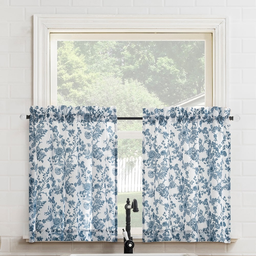 No. 918 Elara 2-pack Tonal Botanical Semi-Sheer Rod Pocket 2-Piece Kitchen Curtain Tier Pair