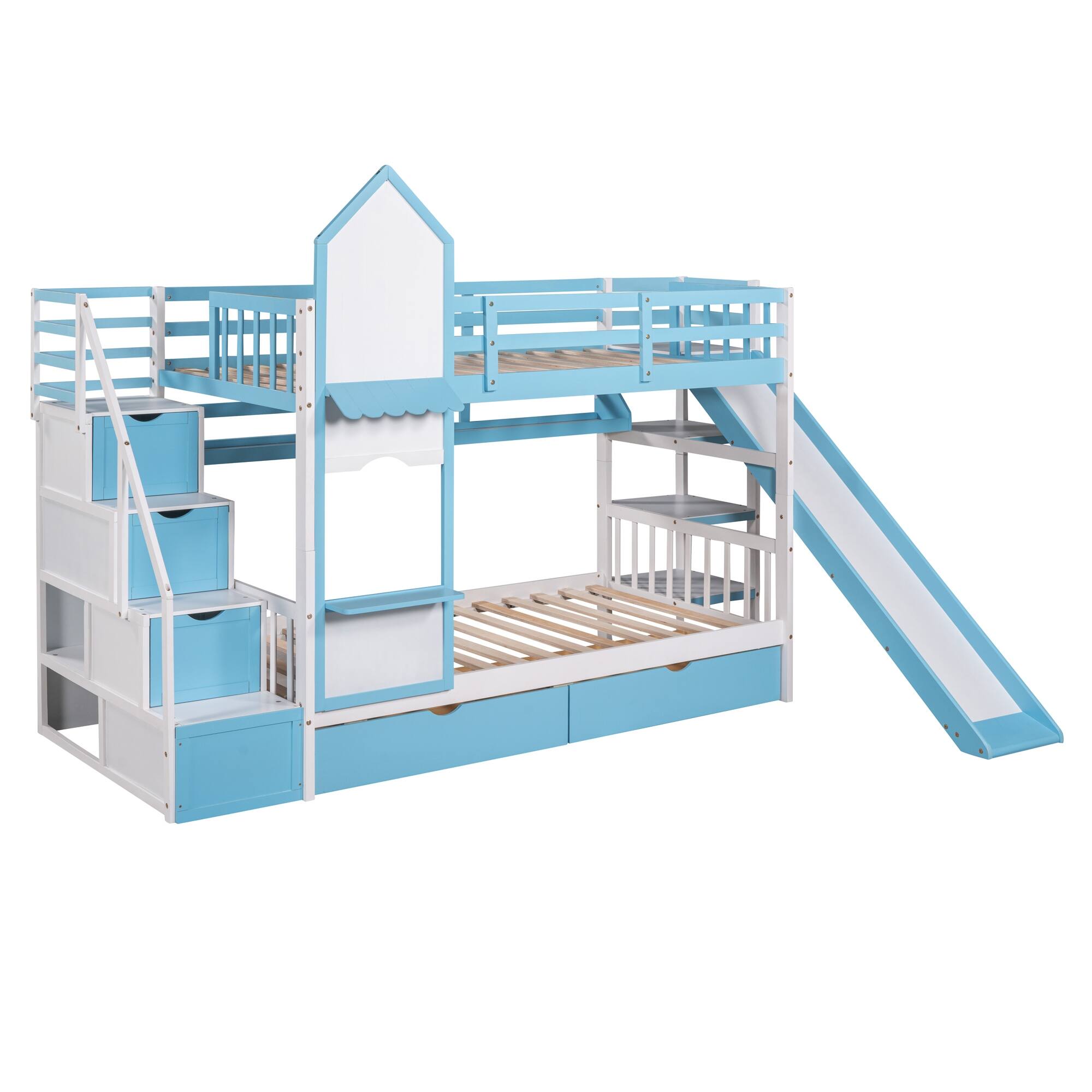 Sturdy Pine Wood Castle Bunk Bed with 2 Drawers, 3 Shelves, and Slide