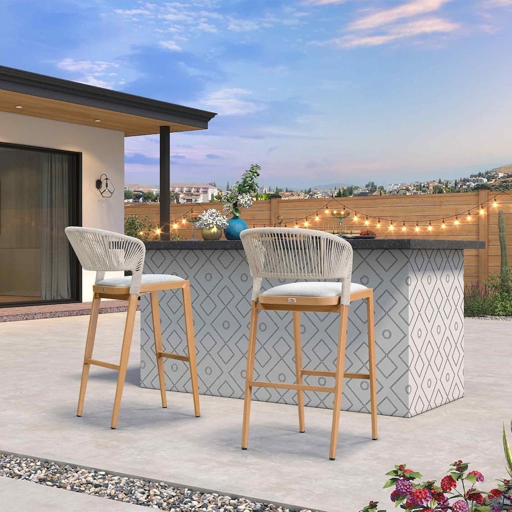 PURPLE LEAF Bar Stool Set of 2 Outdoor Rattan Bar Chair with Back Metal Bar Height Stool Wicker Barstool Dark Grey