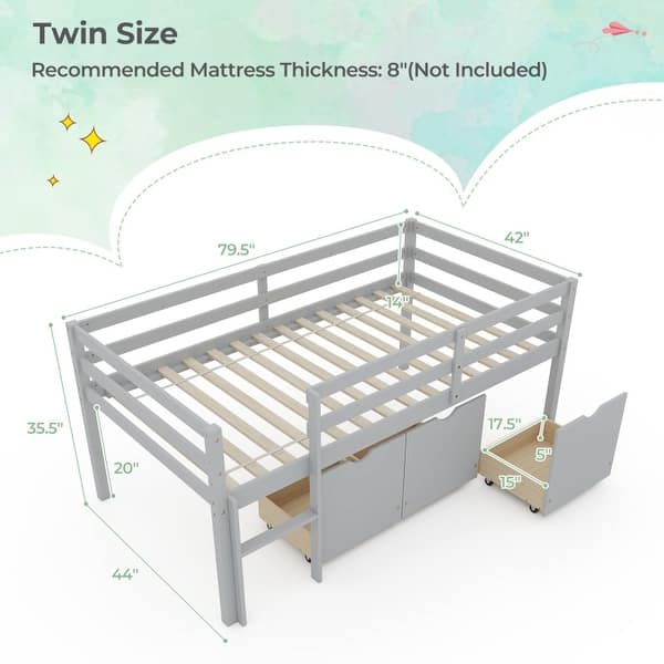 dimension image slide 1 of 2, Twin Size Low Loft Bed with 3 Drawers with Ladder and Full-length Guardrails