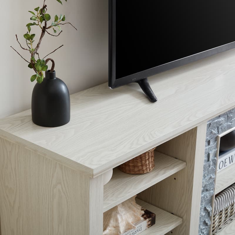 70" White Modern TV Stand with Faux Stacked Stone Surround, Large Media Console Cabinet for TVs up to 75"