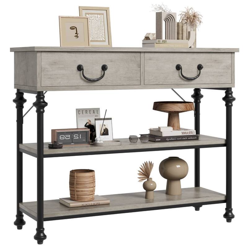 Narrow Console Table with Drawers and Shelves for Entryway - Grey