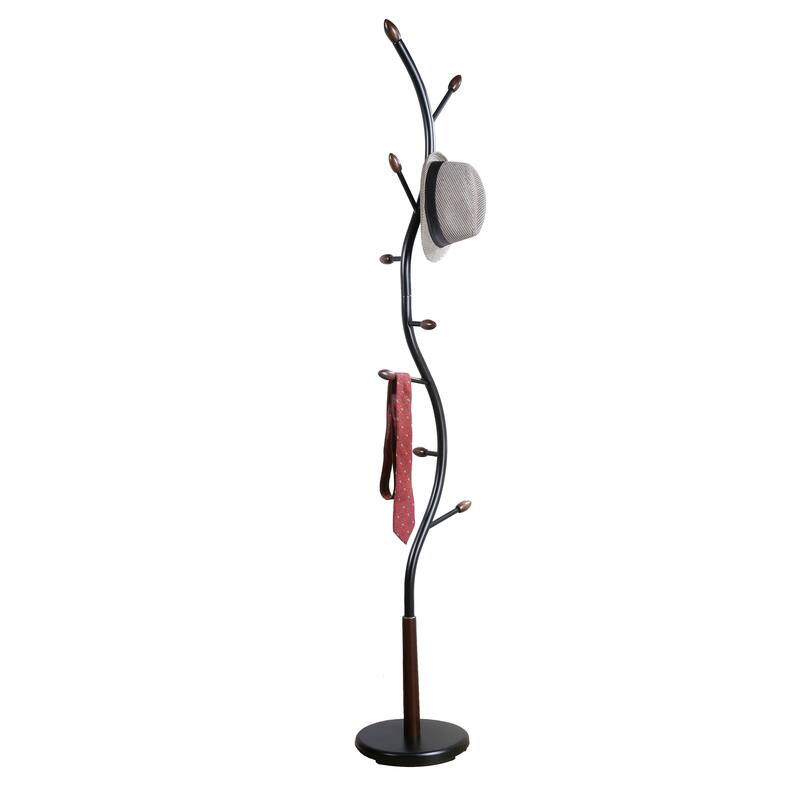 Modern Metal Black and Walnut Standing Coat Rack for Home Entryway Organization & Storage