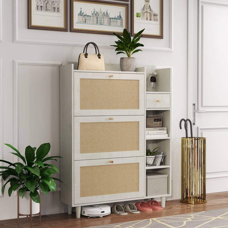 GDFStudio - Bohemian Style Shoe Cabinet with 3 Flip Drawers, 3 Shelves, 1 Storage Drawer and Hooks