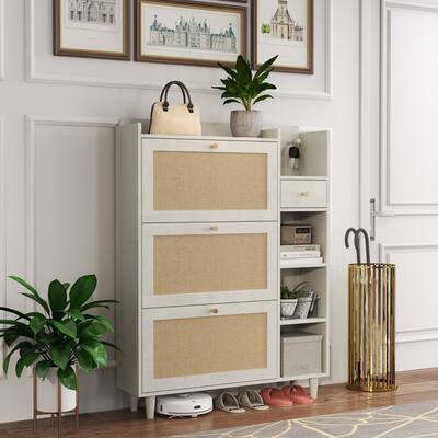 Shoe Rack Cabinet with 3 Drawers,3 Square Shelves and 1 Storage Drawer with Storage Space and Hooks,Antique White