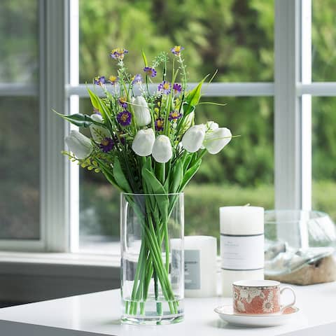 Enova Home Mixed Real Touch Tulip and Mini Sunflower Artificial Flowers Arrangement in Cylinder Glass Vase for Home Decór