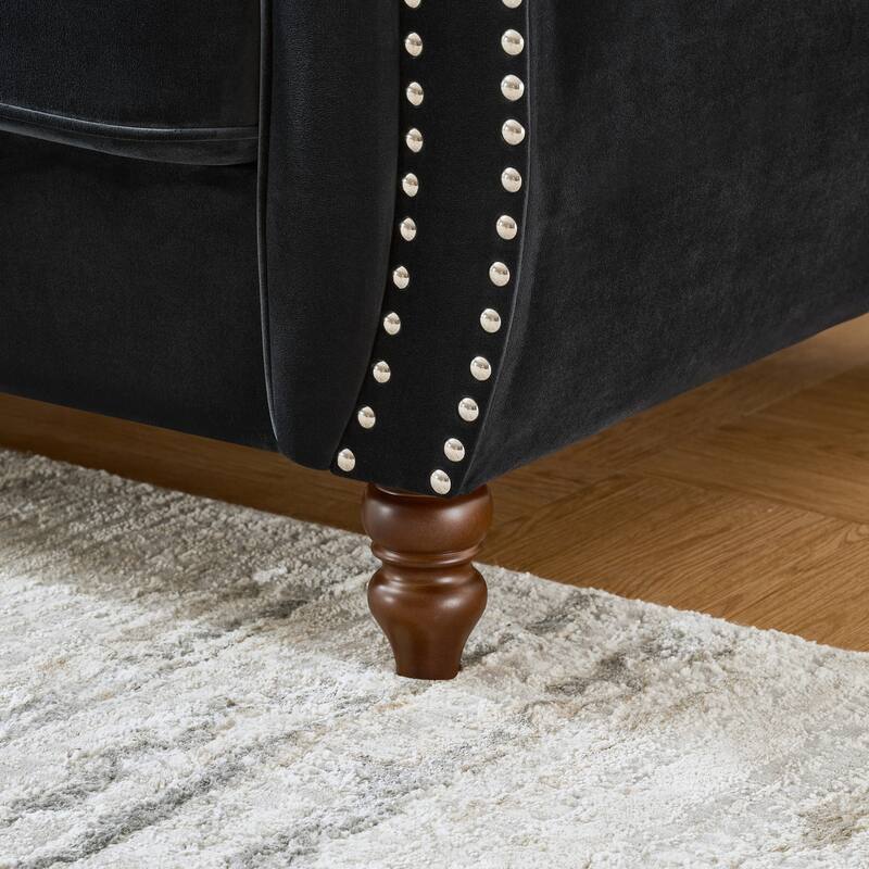 Chesterfield Upholstered 3 Seater Sofa, Velvet Fabric Sofa with Nailhead & Roll Armrest, Lounge Sofa with Solid Wood Frame‌