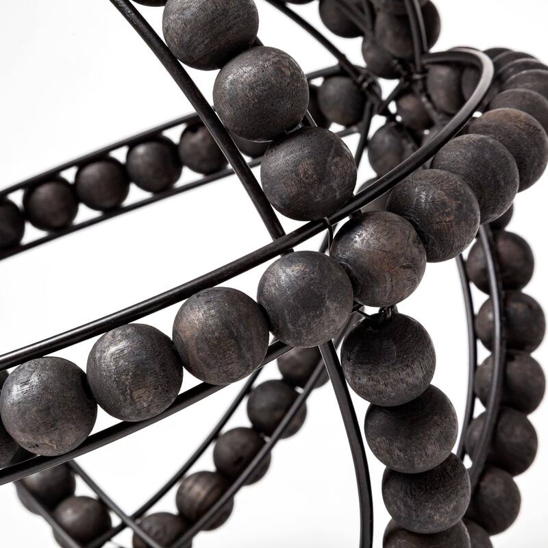 Black Wooden Bead and Metal Orb Sculpture