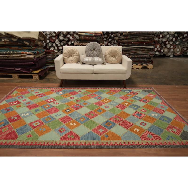 Hand Woven Oriental 100% Wool Carpet Southwestern Tribal Multi-Colored Kilim Area Rug - 9' 11'' X 6' 7''