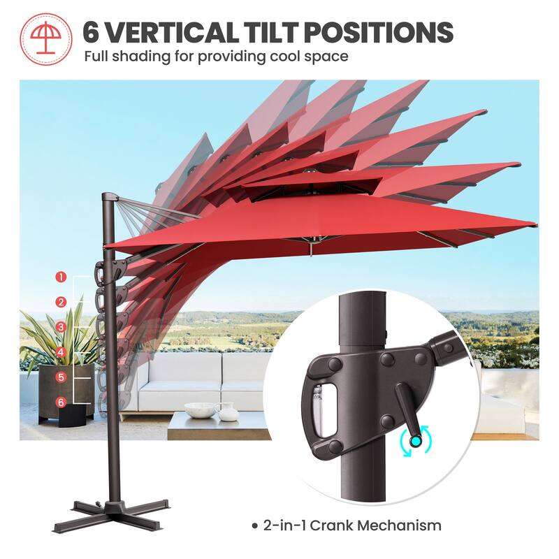 9 x 12 ft Double Top Patio Cantilever Umbrella with Base, 360-degree Rotation