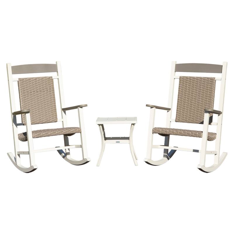 Outdoor Rocking Chairs Set of 3, HDPE Patio Oversized Rockers, Wicker Rocking Chair with 380lbs Support, Weather-Resistant - White+gray