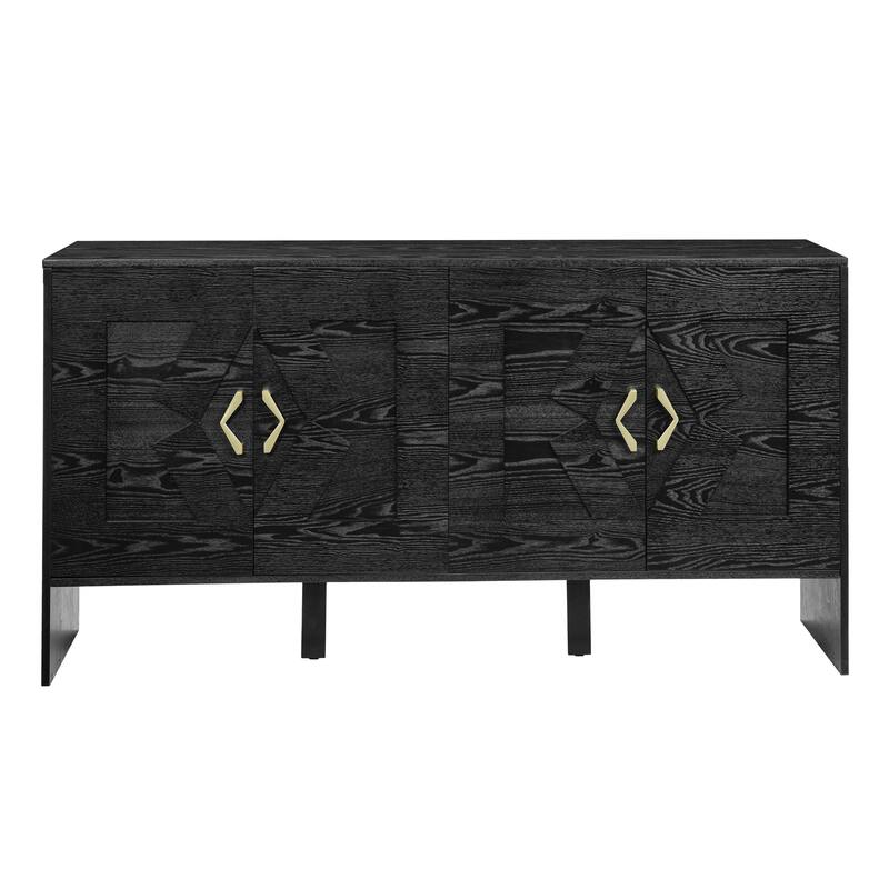 Anmytek Black Wood Grain Sideboard with Geometric Doors and Gold Handles 4-Door Buffet Console
