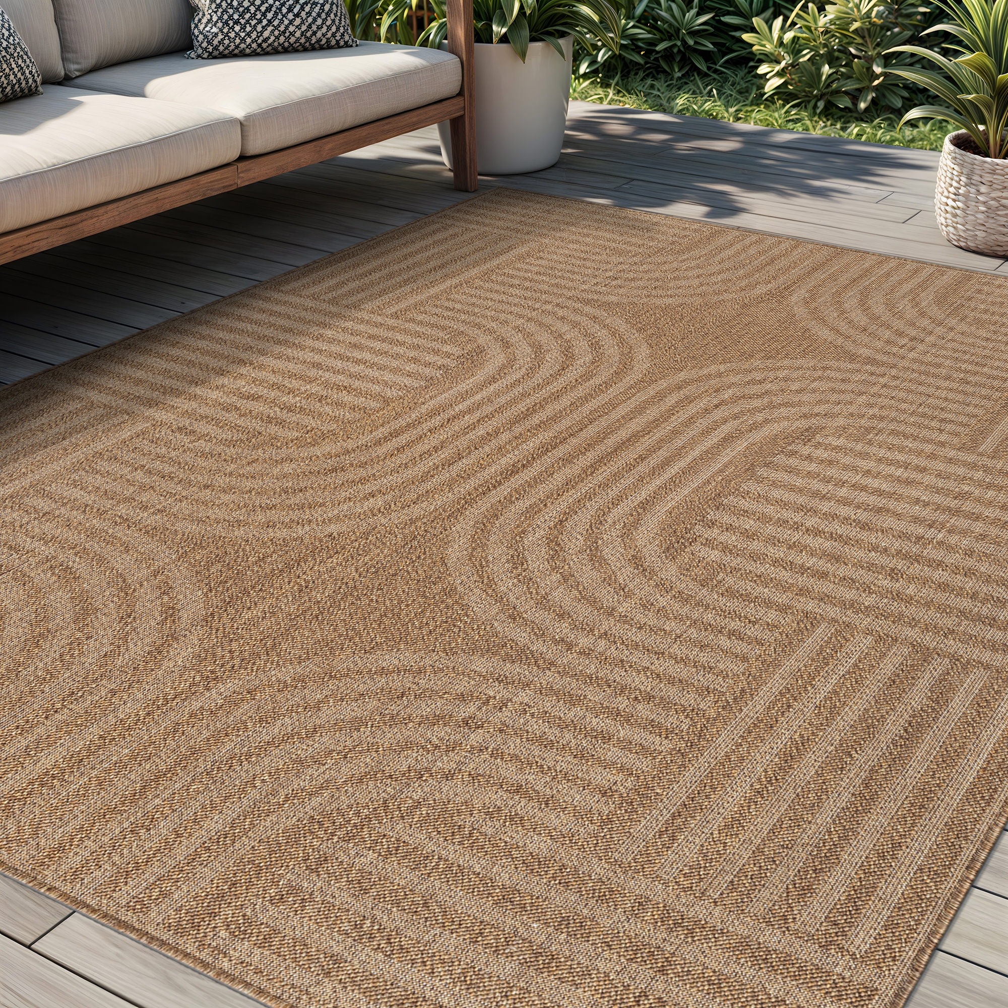 World Rug Gallery Geometric Indoor/Outdoor Flat Woven Area Rug - Natural Jute-Style, Easy-Care Patio Rug for Balcony Patio Deck