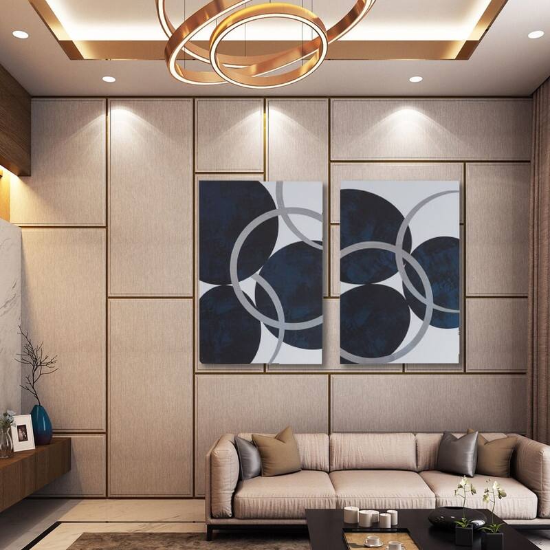 2-piece wall art set navy silver foil abstract cotton celestial orb