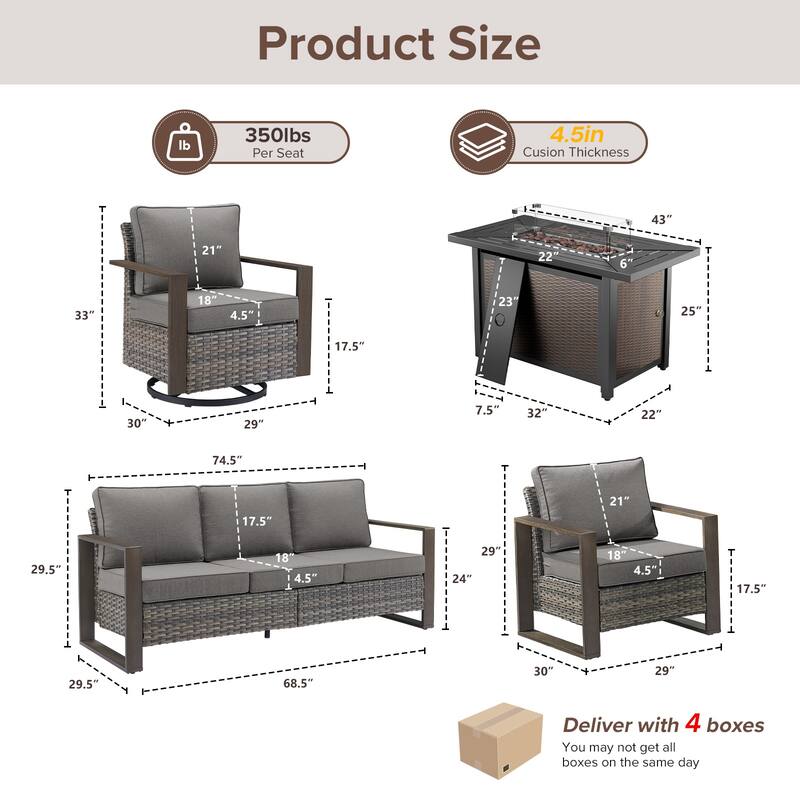 Meyreso Wicker Outdoor Patio Metal Fire Pit Set with Swivel Gliders and Olefin Cushions