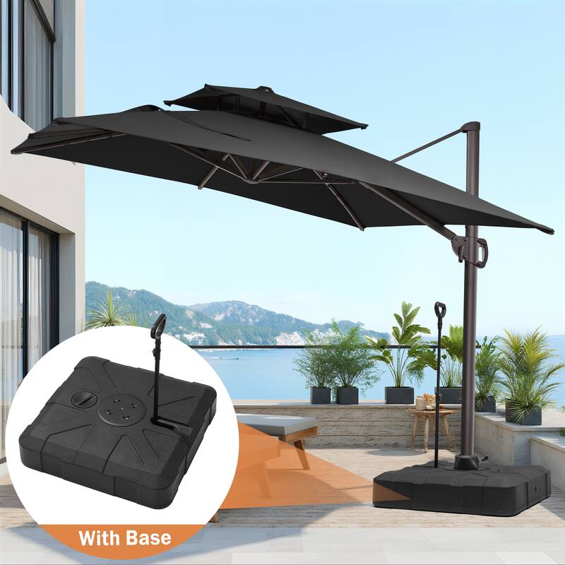 9x11FT Outdoor Patio Dual Top Umbrella Cantilever Offset with Rod Base - Black