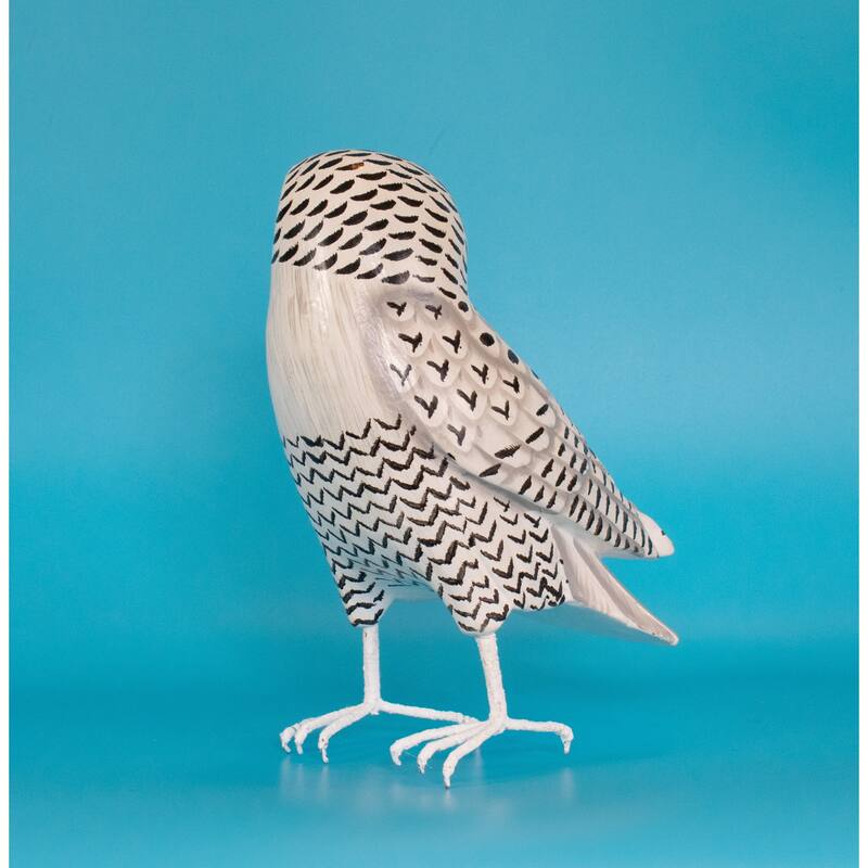 Wood Snowy Owl Figurine - Hand Carved Bird Sculpture, White Owl Wildlife Decor - 8" tall x 6" wide x 3.5" deep