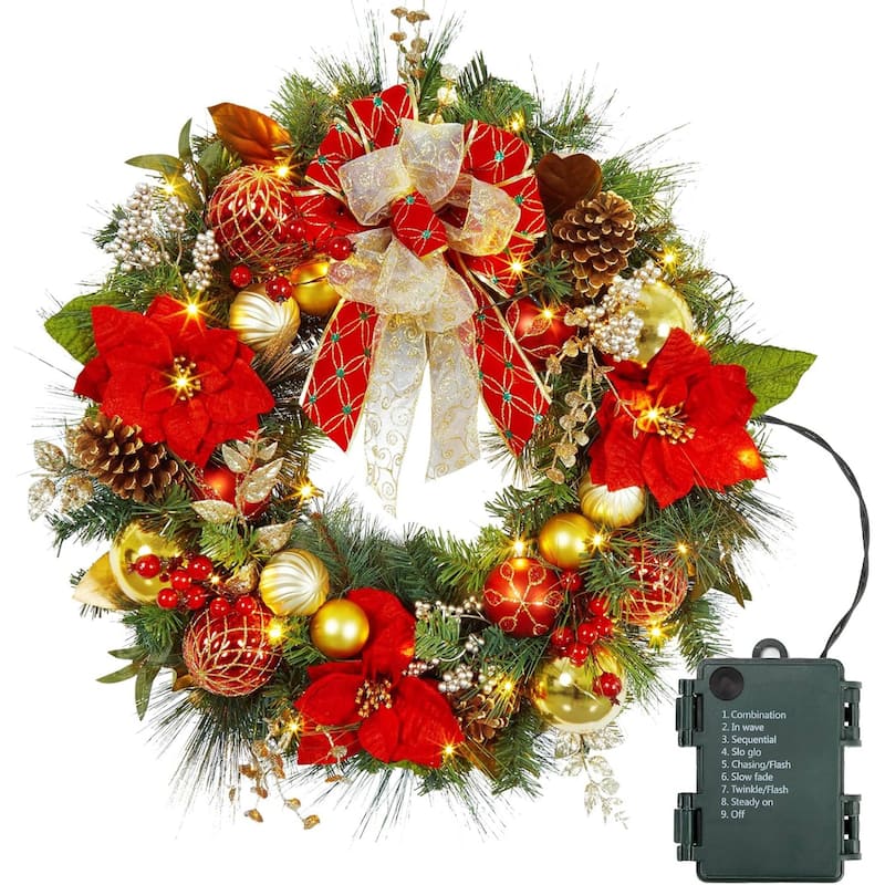 30 Inch Lighted Christmas Wreath with Red Gold Balls for Front Door - N/A - Red