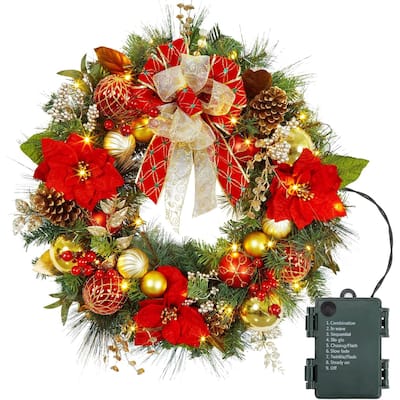 30 Inch Lighted Christmas Wreath with Red Gold Balls for Front Door - N/A