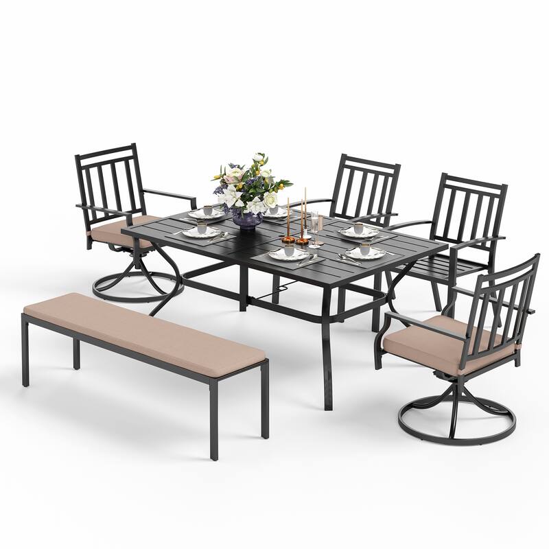 MAISON ARTS 6-Piece Patio Dining set with 1 Rectangle Steel Table, 2 Swivel Chairs, 2 Stackable Chairs and 1 Bench