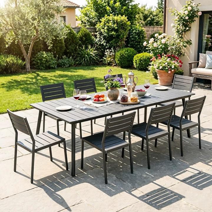 9-Piece Outdoor All-Weather Patio Aluminum Dining Set with Umbrella Hole and Stackable Chairs