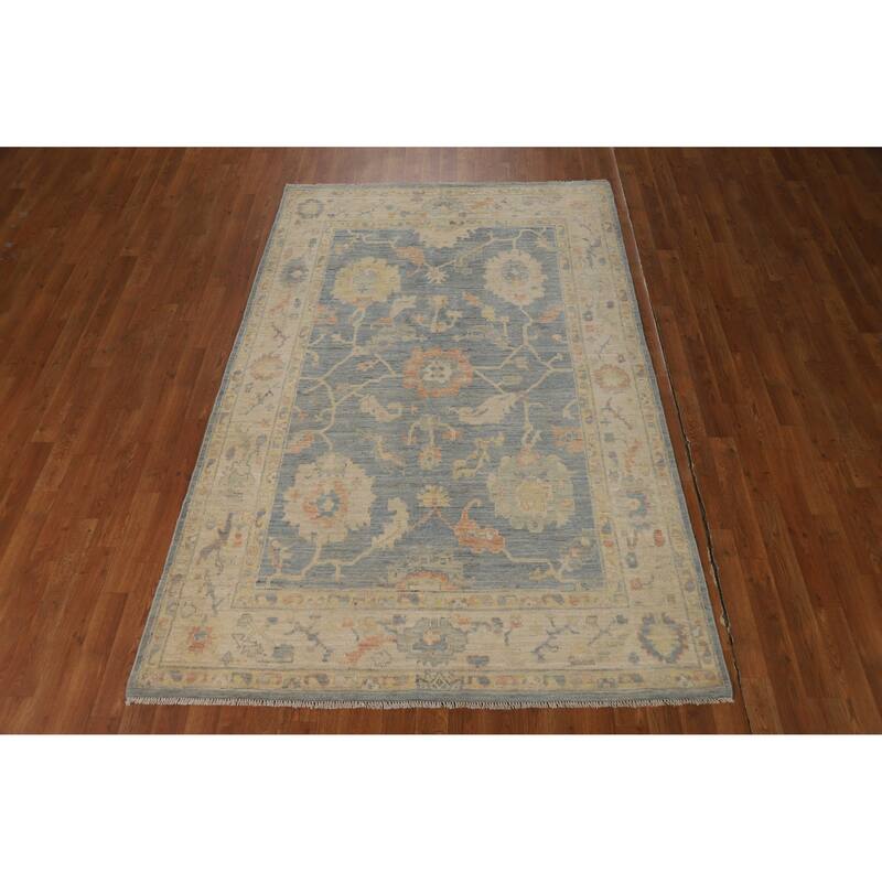 Vegetable Dye Floral Oushak Turkish Area Rug Handmade Blue Wool Carpet - 5'1"x 8'4"