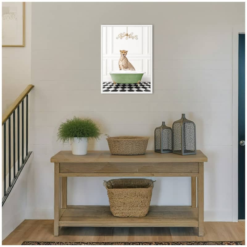 Kate and Laurel Sylvie Cheetah in Green Bathtub Checker Floor Framed Canvas by Amy Peterson