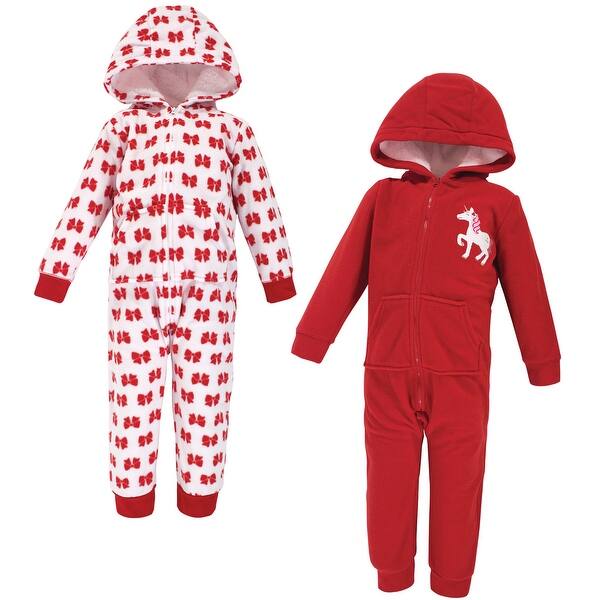 slide 1 of 1, Hudson Baby Toddler Girl Fleece Jumpsuits, Coveralls, and Playsuits 2pk, Christmas Unicorn 2T - Red