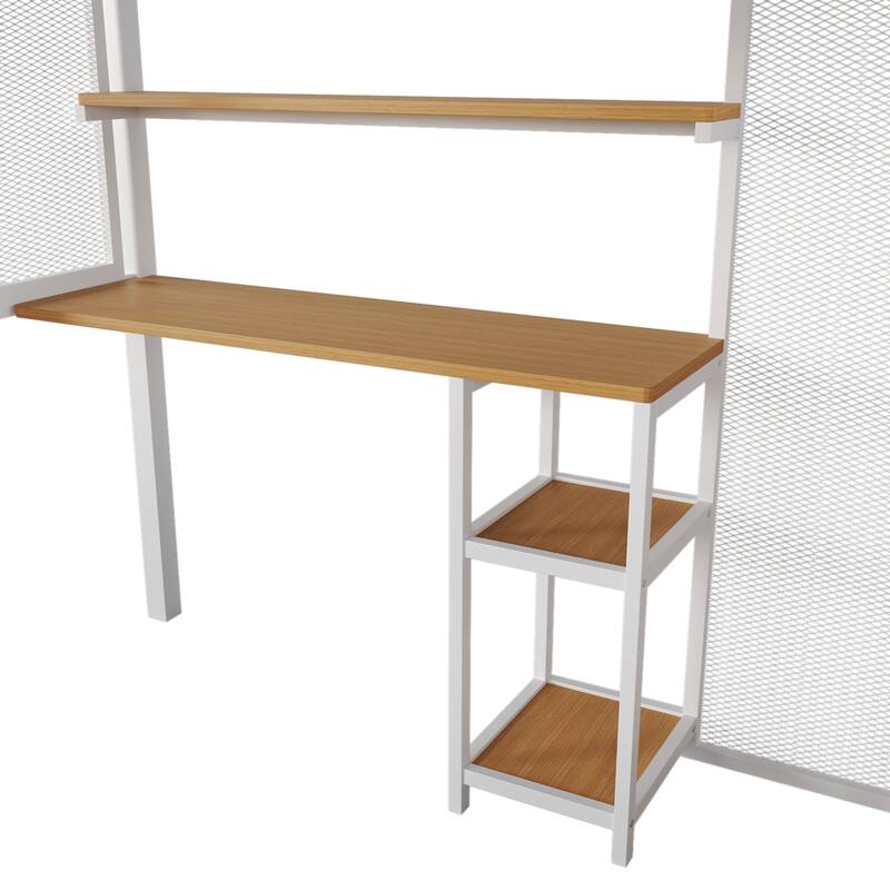 White Full Metal Loft Bed with Wardrobe, Desk & Storage Shelves