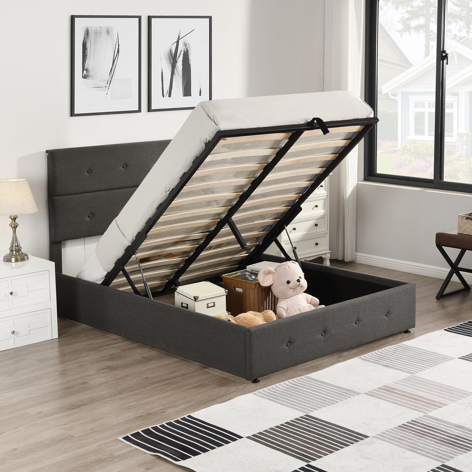 Full size upholstered platform outlet bed with storage