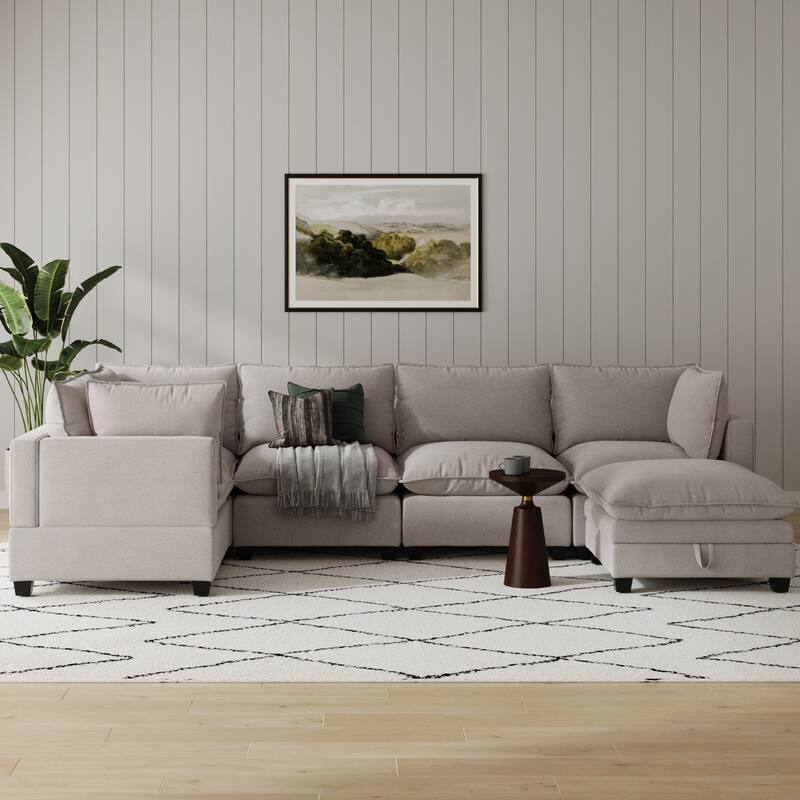 Chelsea Modern Cloud Modular Upholstered Sofa with Deep Seat and Plush Cushions - 5-Seater Sectional + Ottoman - Beige