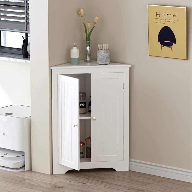 Anmytek White Corner Storage Cabinet for Bathroom and Kitchen Double Door Space Saving Organizer