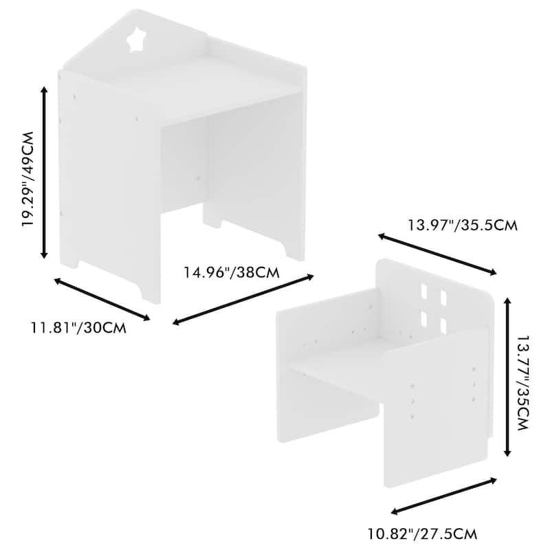 White Kids Table and Chair Set 2 in 1 Convertible Design with Writable Board Adjustable Height Durable MDF for Study and Play
