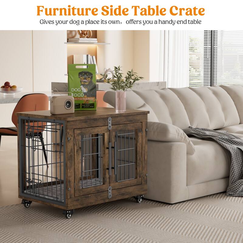 Dog Crate Indoor Heavy Duty Double Doors Wooden Dog Cage with Cushion