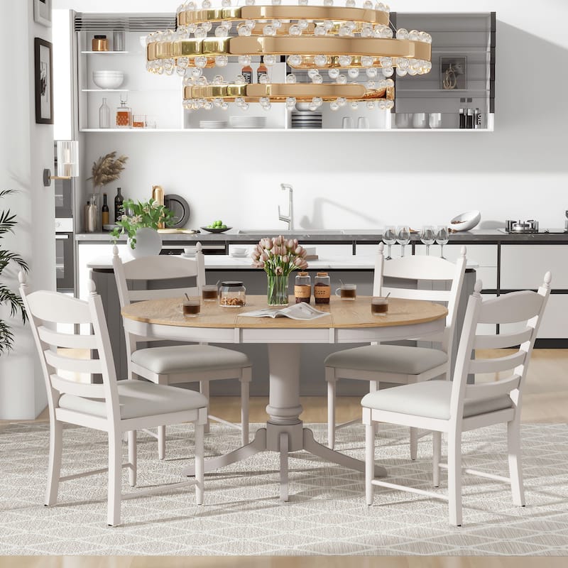 5-Piece Retro Functional Dining Table Set Wood Round Extendable Dining Table and 4 Upholstered Dining Chairs (Off White) - White