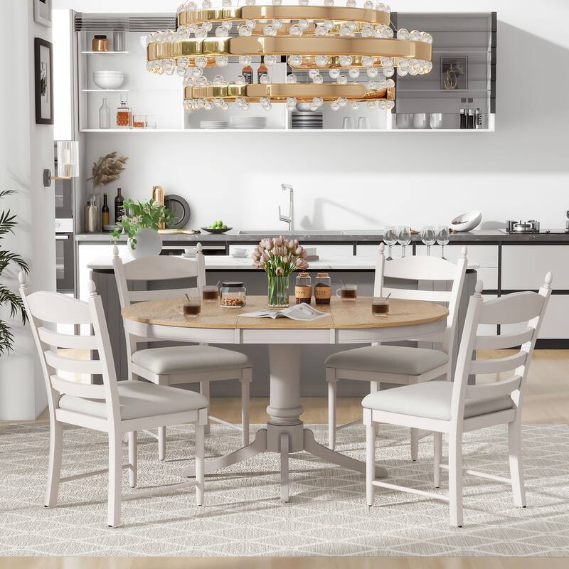 Off White Retro 5-Piece Wooden Dining Table Set with Extendable Round Table & 4 Chairs - Off White