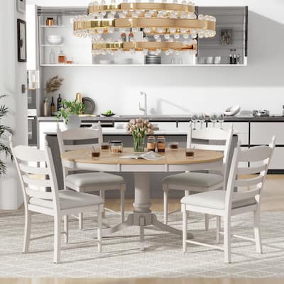 Retro Functional Dining Table Set Wood Round Extendable Dining Table and 4 Upholstered Dining Chairs (5-Piece)