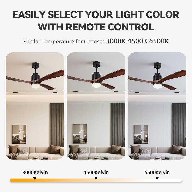 Matte Black 52 in. Integrated LED Indoor 3-Blade Ceiling Fan with Wood Blades, 6-Speed Remote Control
